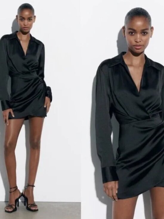 Zara Satin Effect Black Long Sleeve Mini dress Size Small - Picture 3 of 7